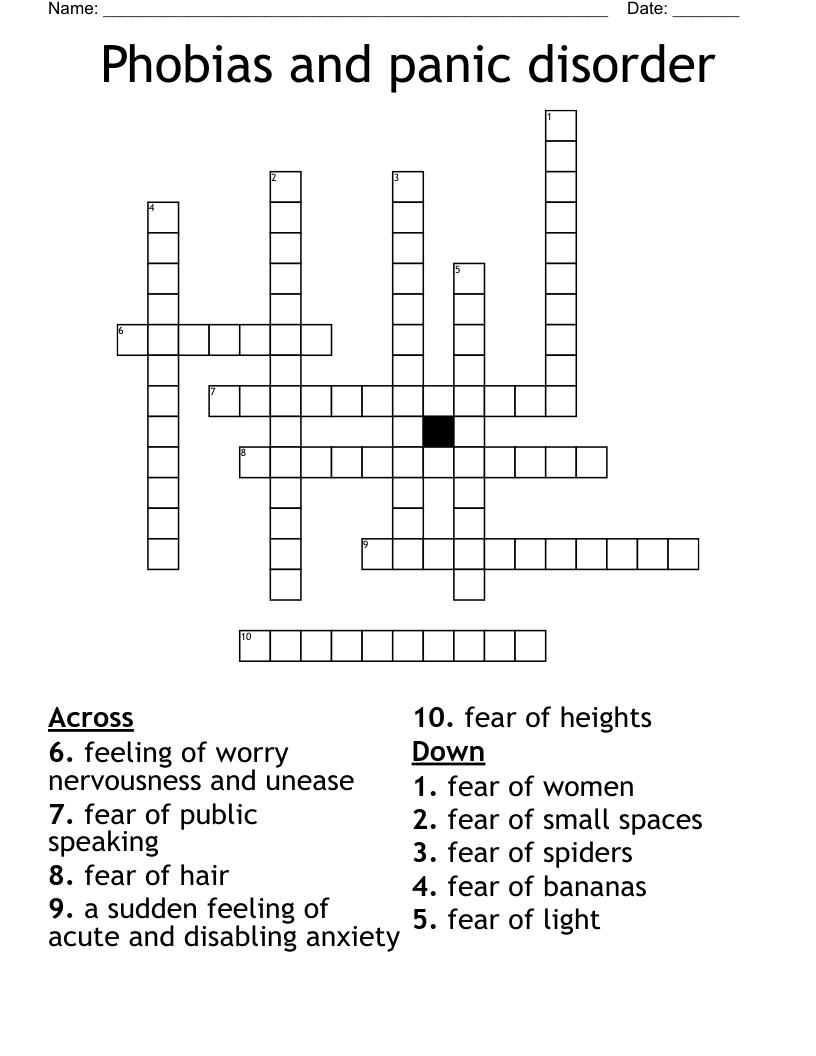 Phobias and panic disorder Crossword