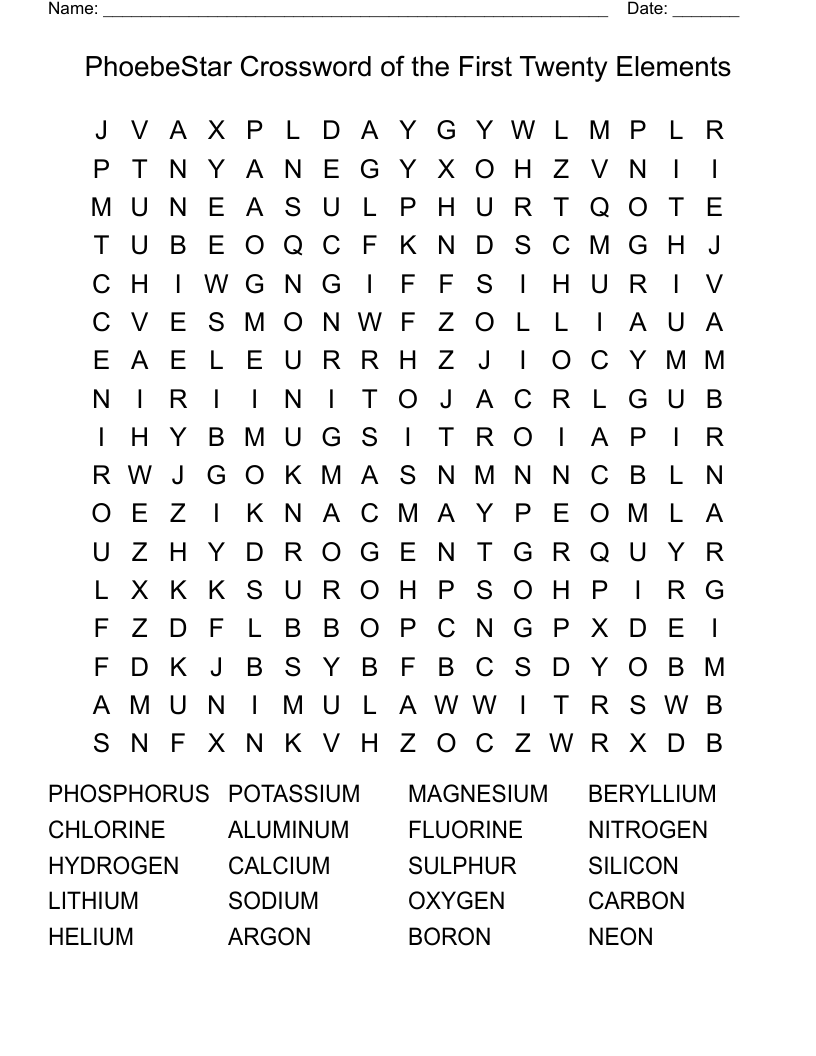 PhoebeStar Crossword of the First Twenty Elements Word Search