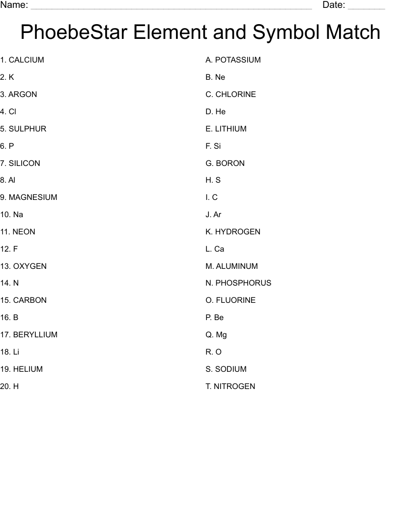 PhoebeStar Element and Symbol Match Worksheet