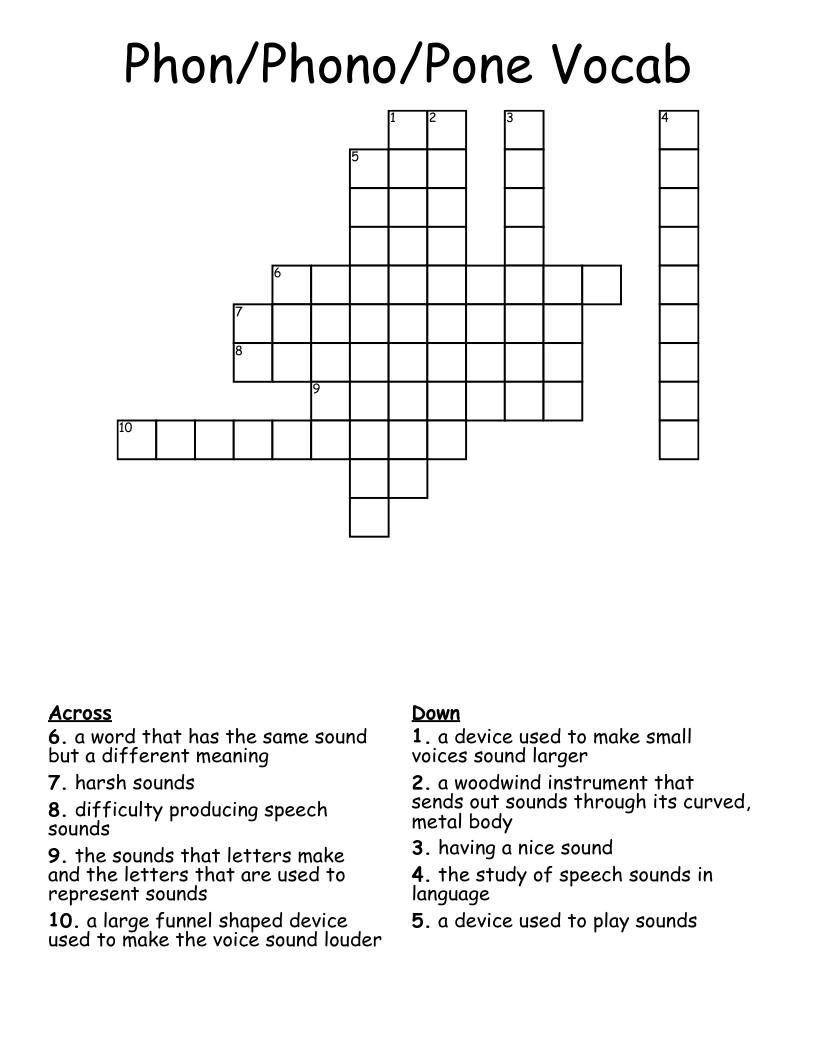 Phon/Phono/Pone Vocab Crossword
