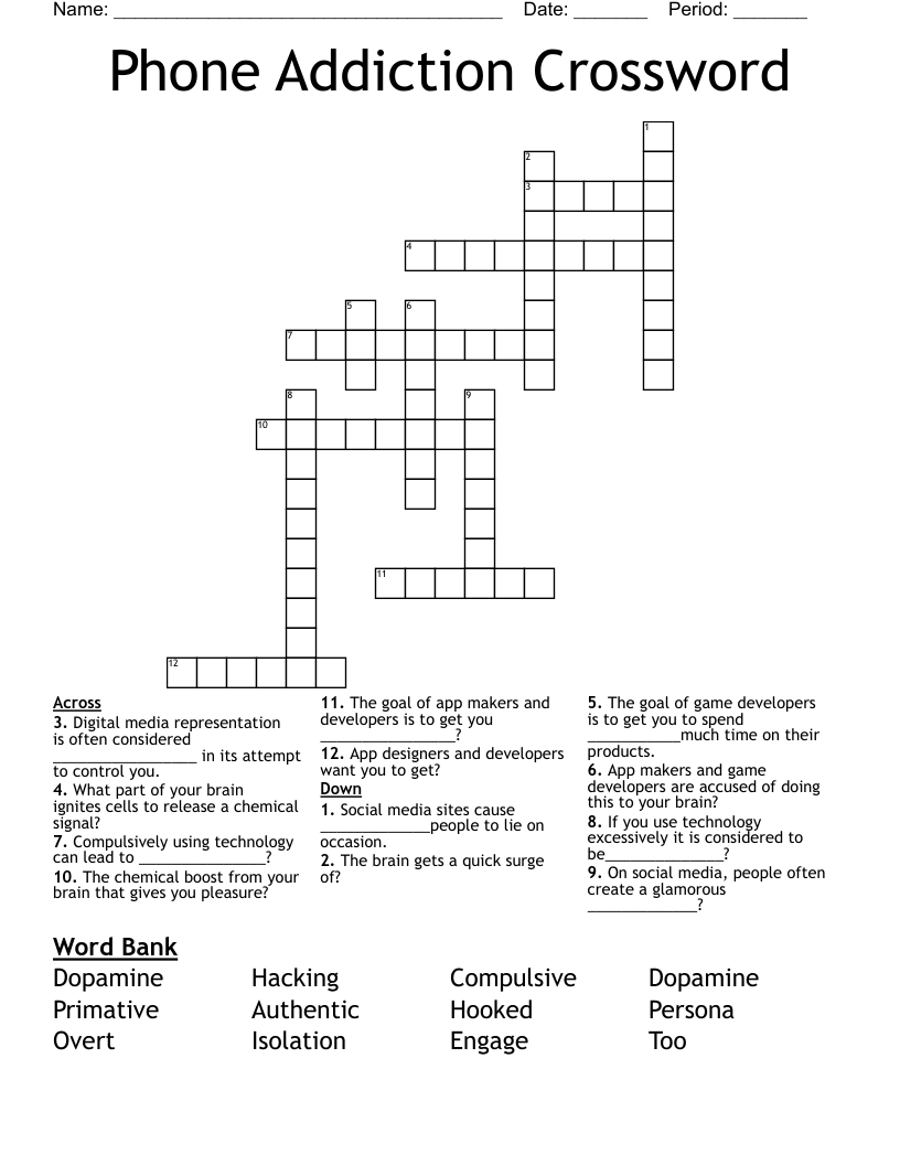 Phone Addiction Crossword