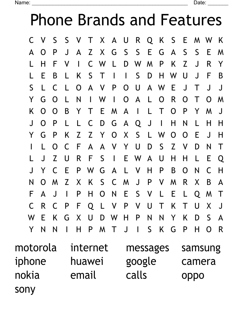 Phone Brands and Features Word Search