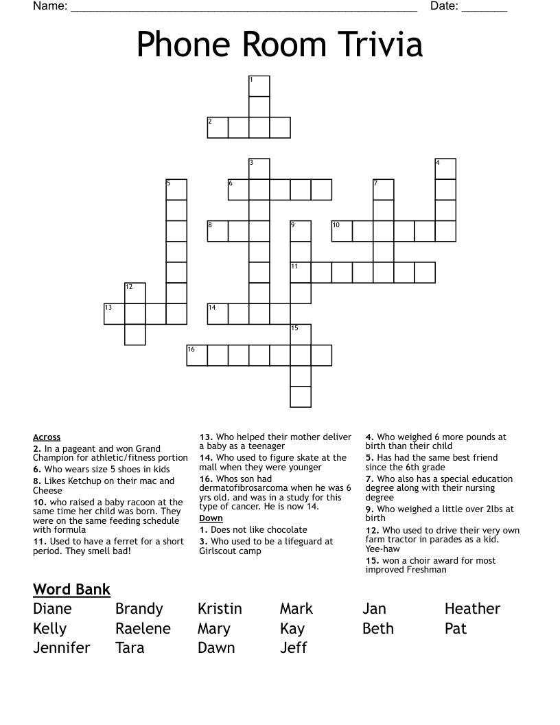 Phone Room Trivia Crossword