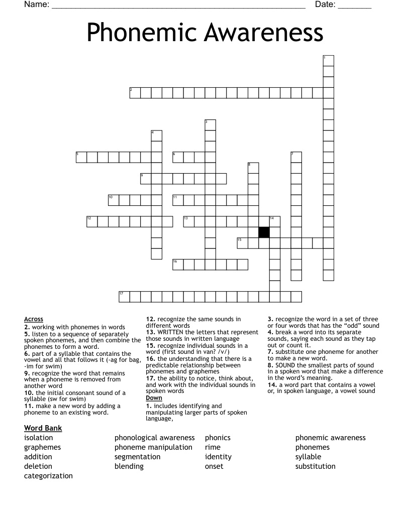 Phonemic Awareness Crossword
