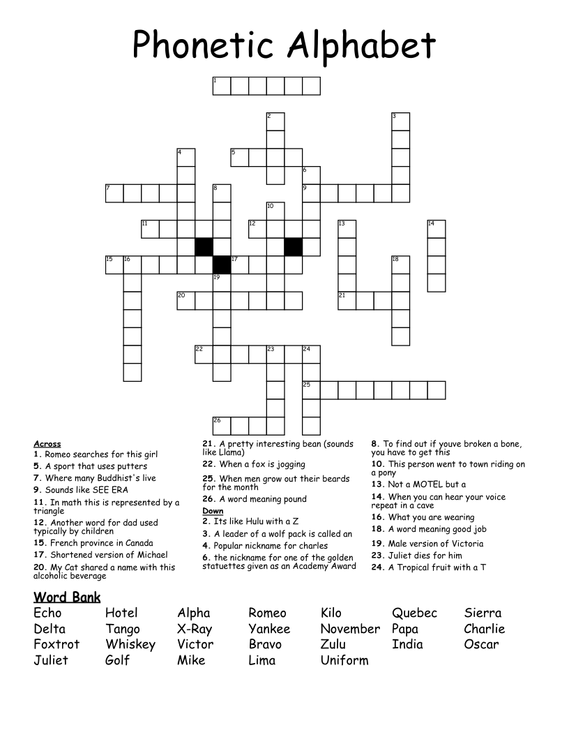 Phonetic Alphabet Crossword