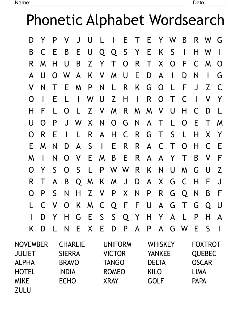 Phonetic Alphabet Wordsearch