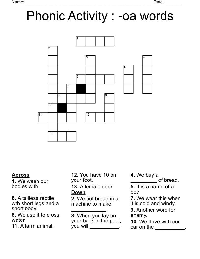 Phonic Activity : -oa words Crossword