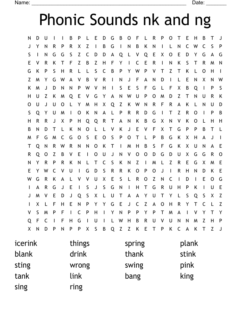 Phonic Sounds nk and ng Word Search