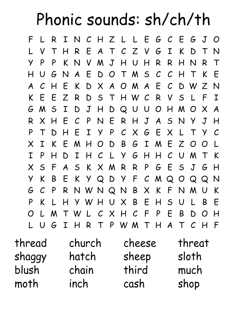 Phonic sounds: sh/ch/th Word Search
