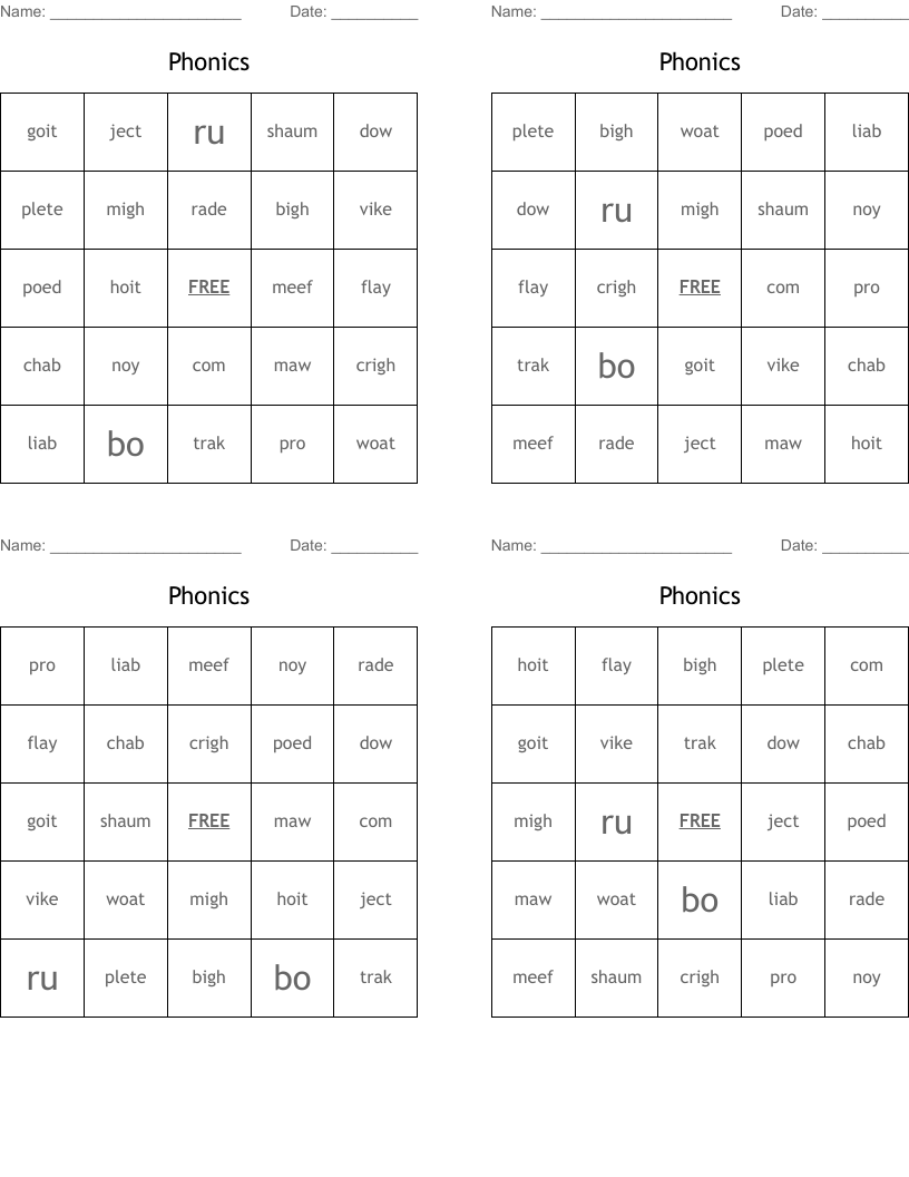Phonics Bingo Cards