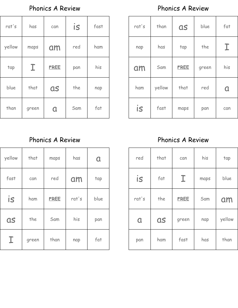 Phonics A Review Bingo Cards