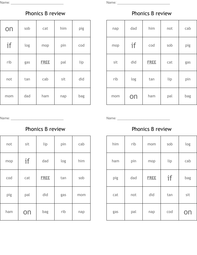 Phonics B review Bingo Cards