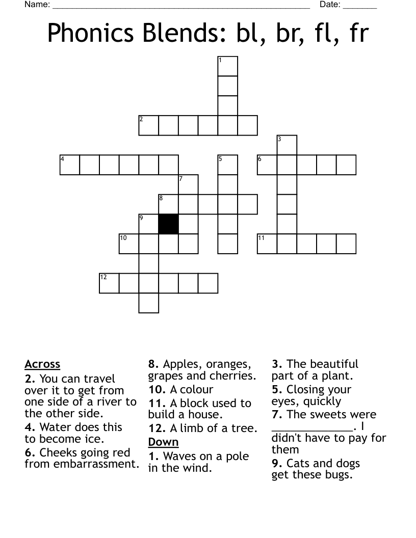 Phonics Blends: bl, br, fl, fr Crossword