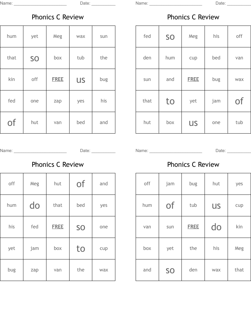 Phonics C Review Bingo Cards