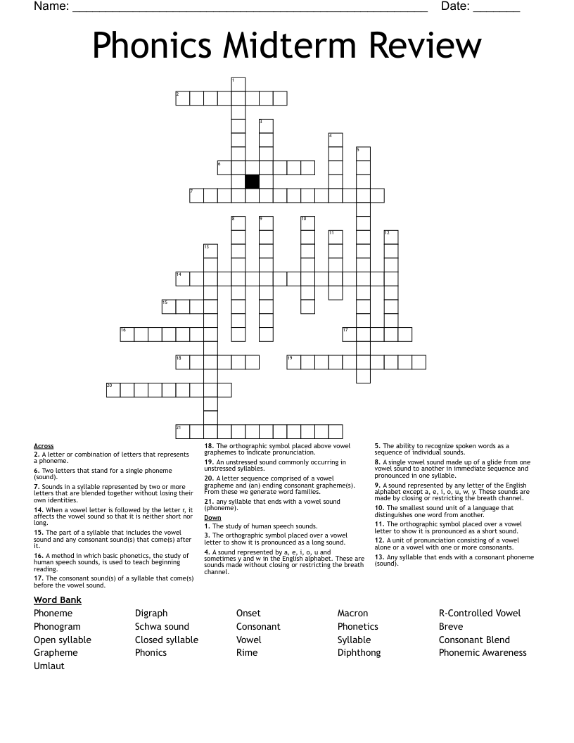 Phonics Midterm Review Crossword