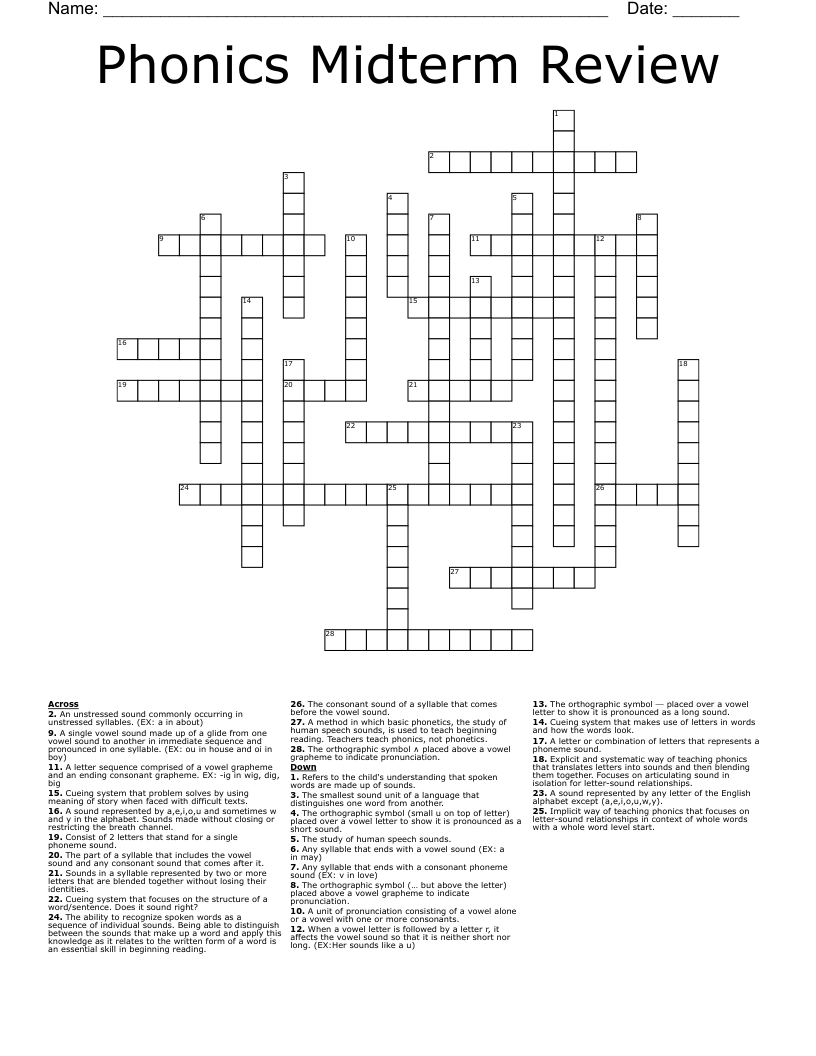 Phonics Midterm Review Crossword