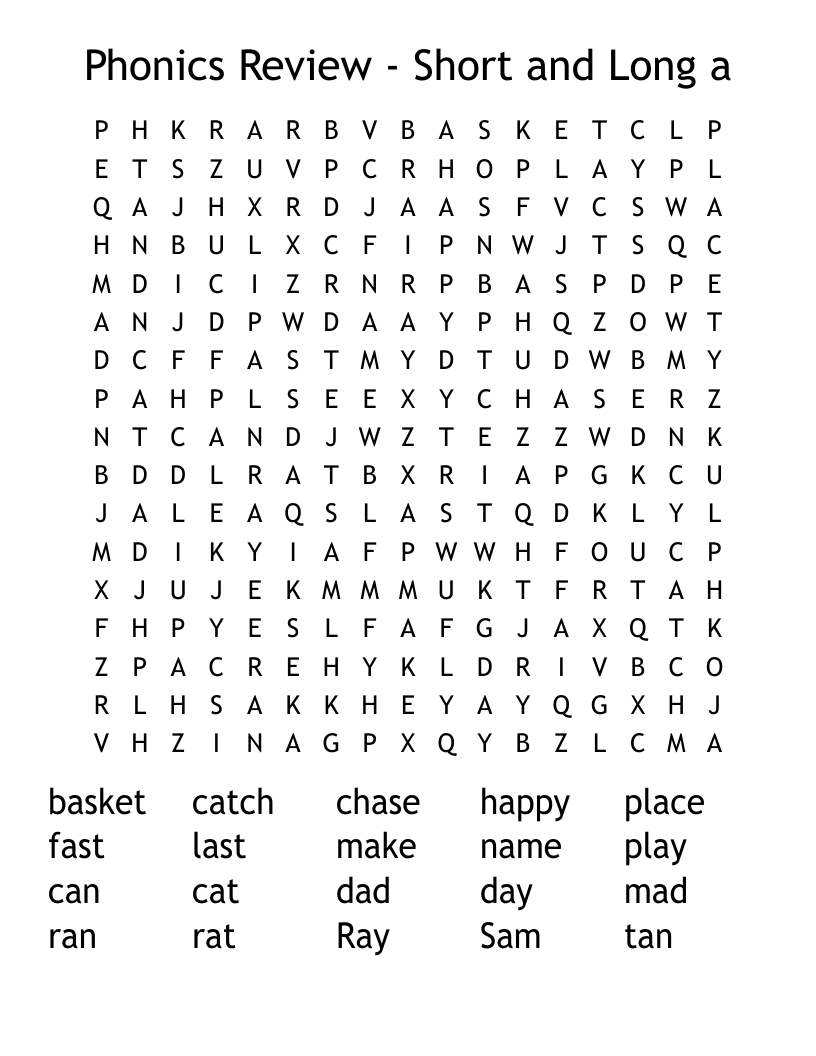 Phonics Review - Short and Long a Word Search