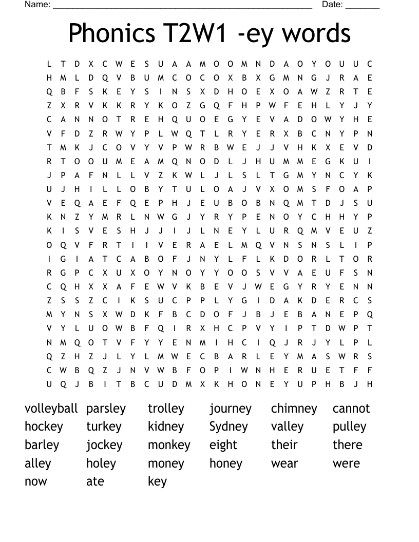 Phonics T2W1 -ey words Word Search