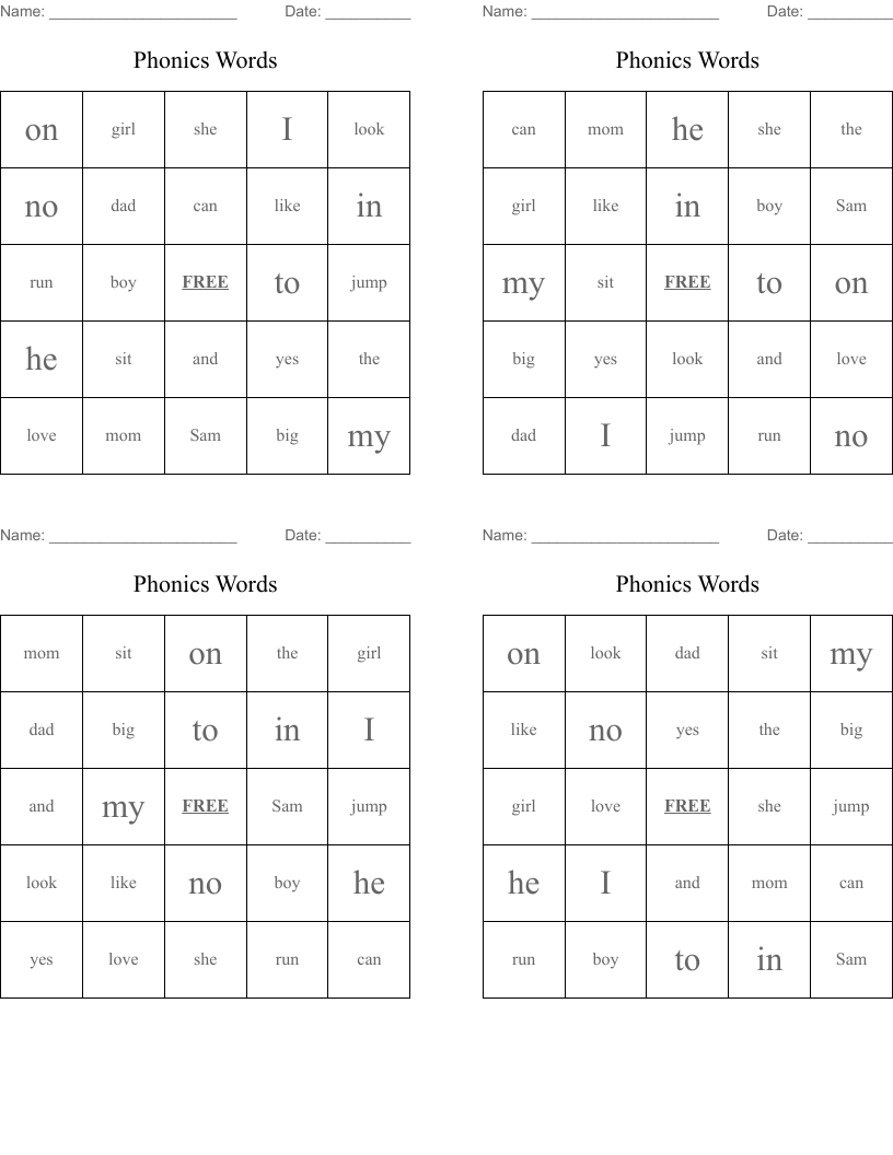 Phonics Words Bingo Cards
