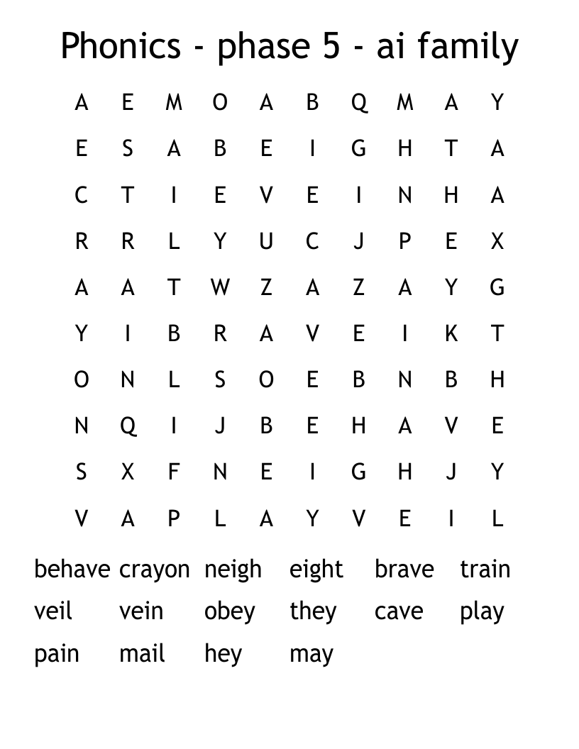 Phonics - phase 5 - ai family Word Search