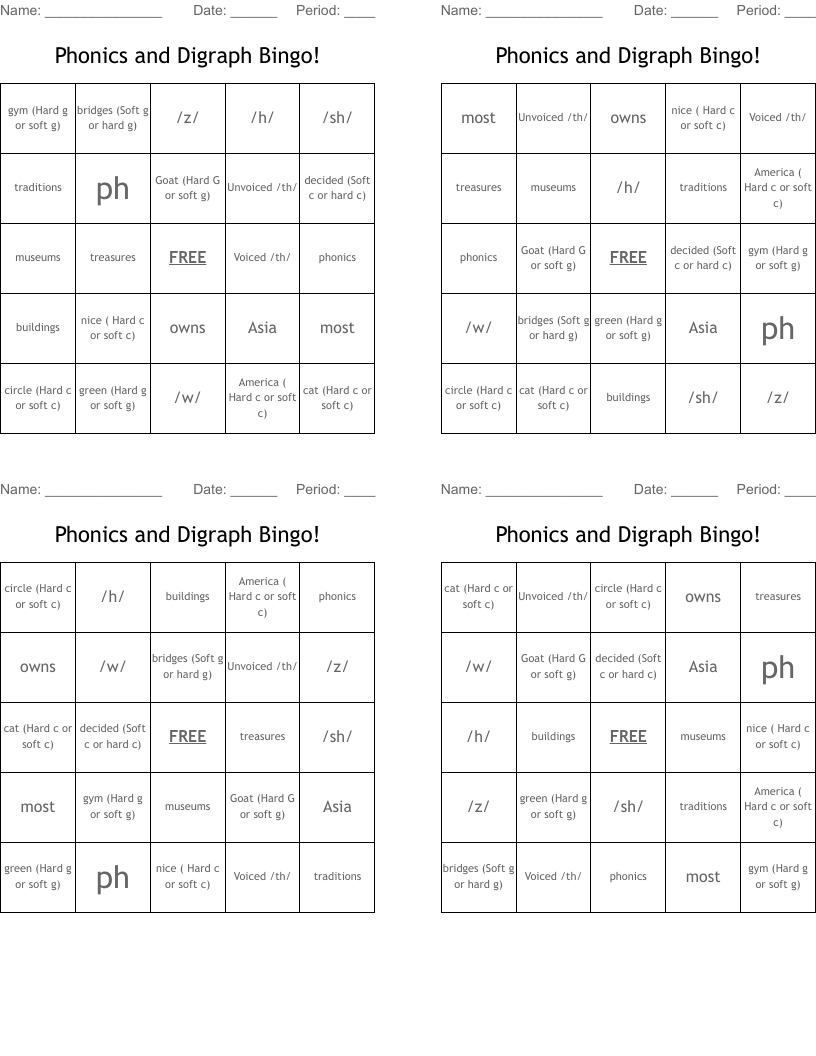 Phonics and Digraph Bingo!