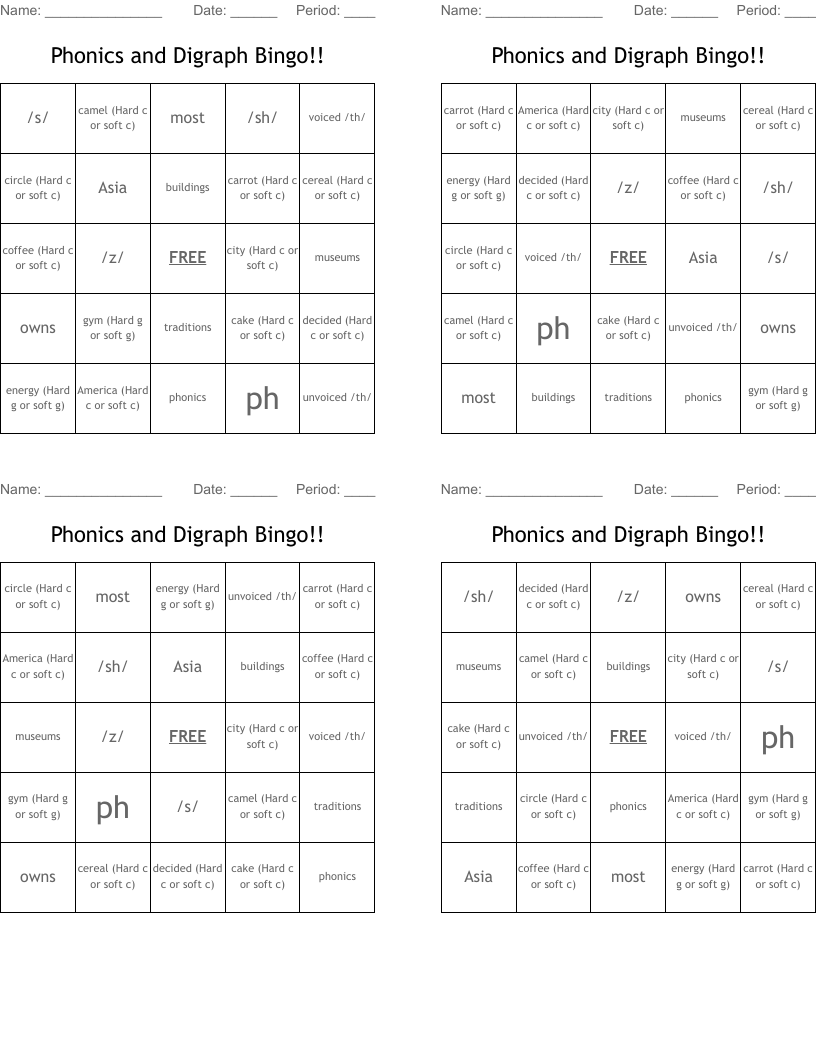 Phonics and Digraph Bingo!!