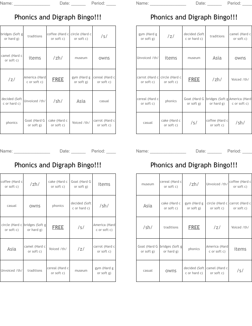Phonics and Digraph Bingo!!!