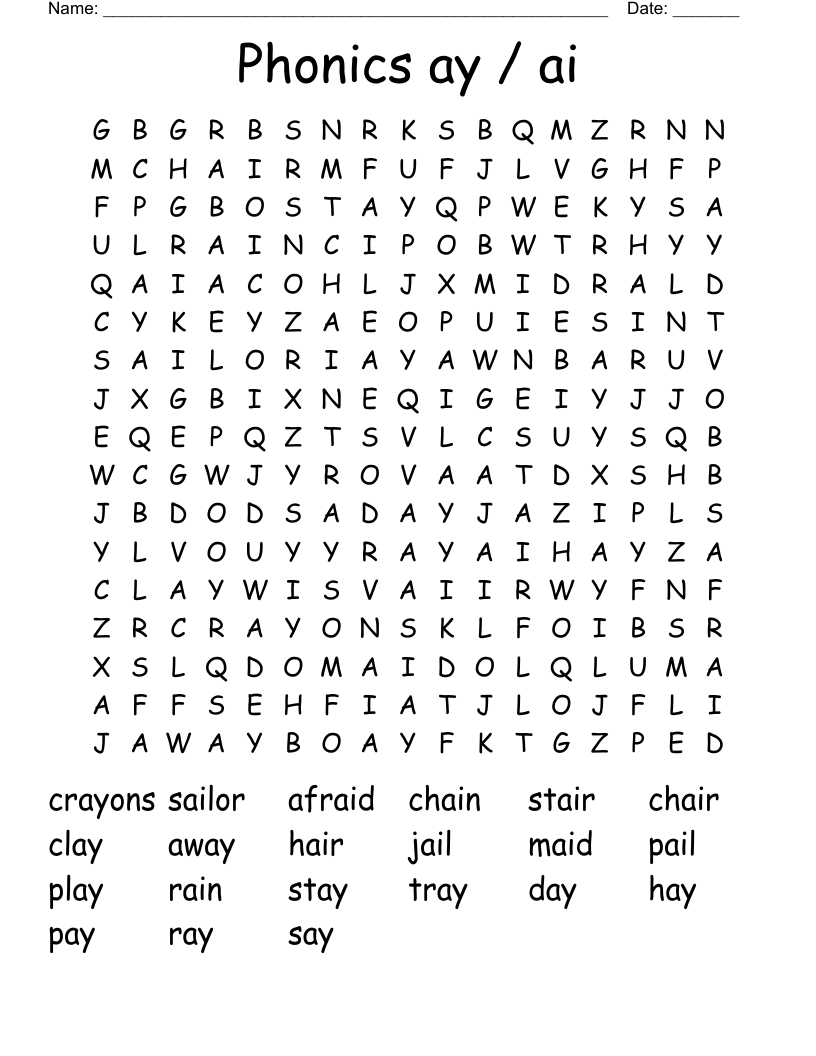 Phonics ay / ai Word Search
