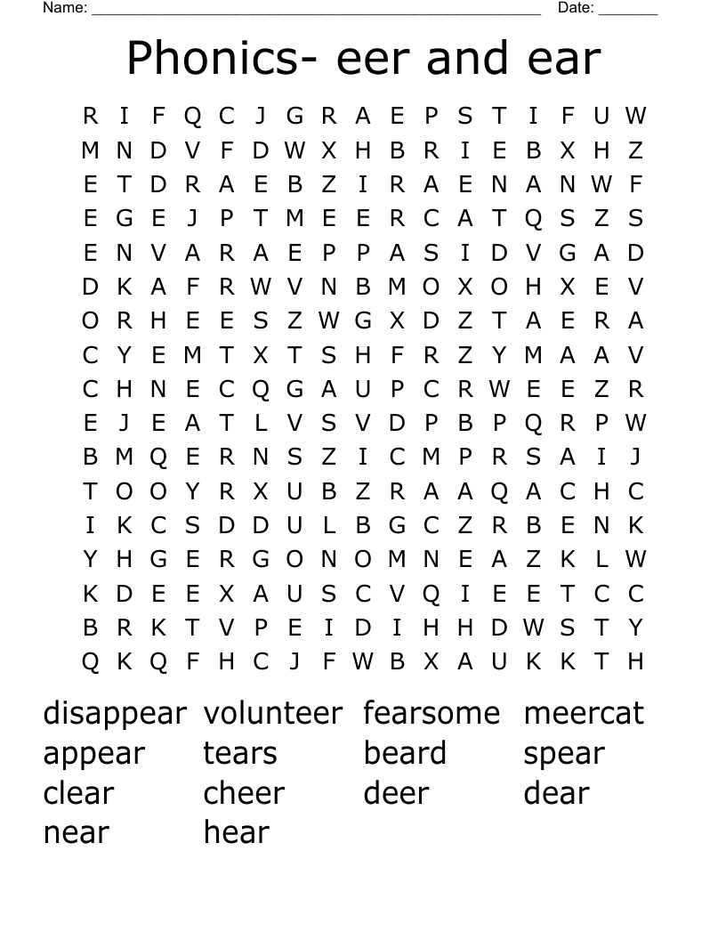 Phonics- eer and ear Word Search