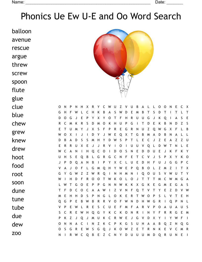 Phonics Ue Ew U-E and Oo Word Search