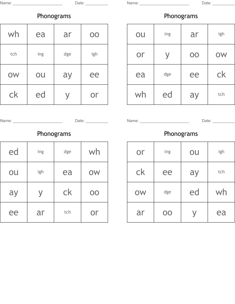 Phonograms Bingo Cards