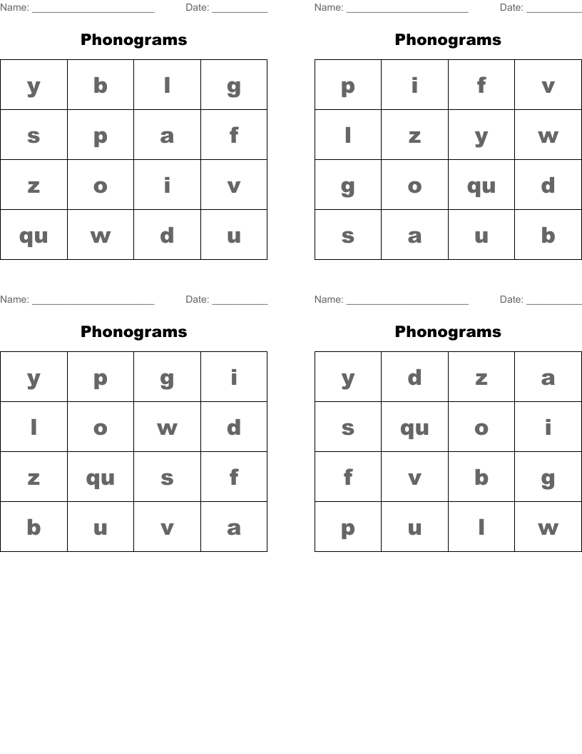 Phonograms Bingo Cards