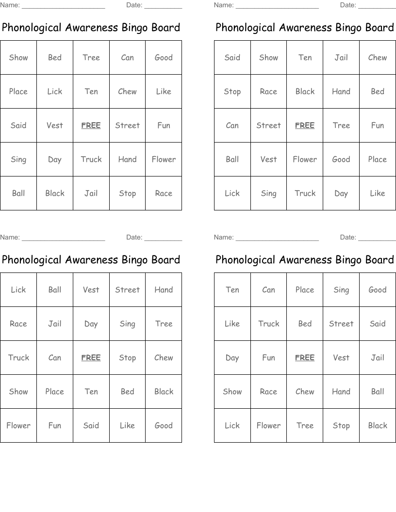 Phonological Awareness Bingo Board