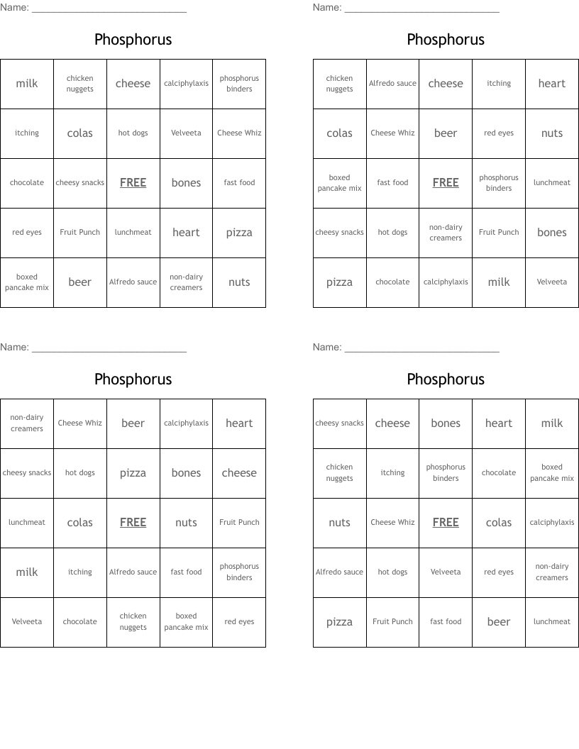 Phosphorus Bingo Cards