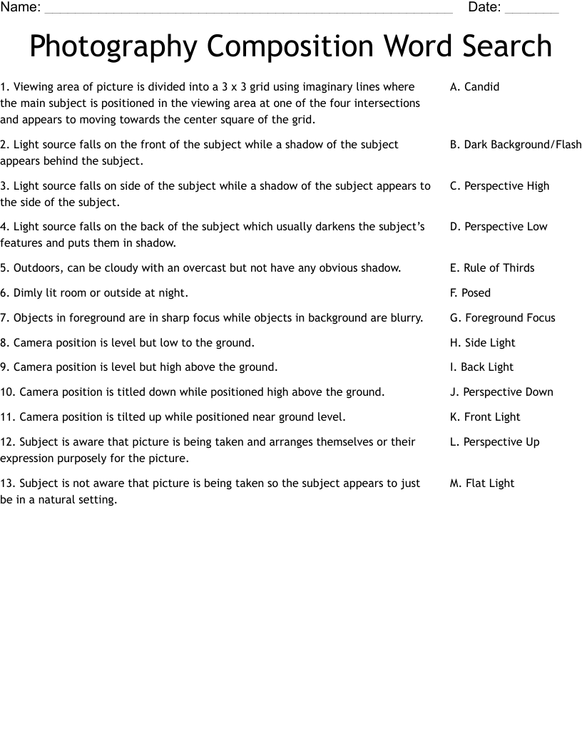 Photography Composition Word Search Worksheet