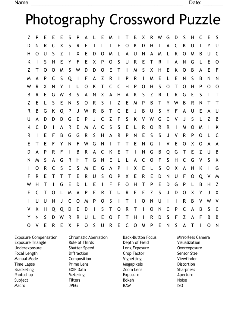 Photography Crossword Puzzle Word Search