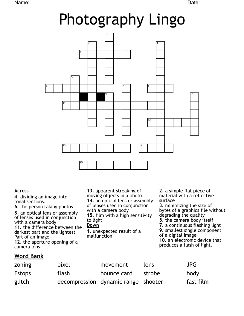 Photography Lingo Crossword