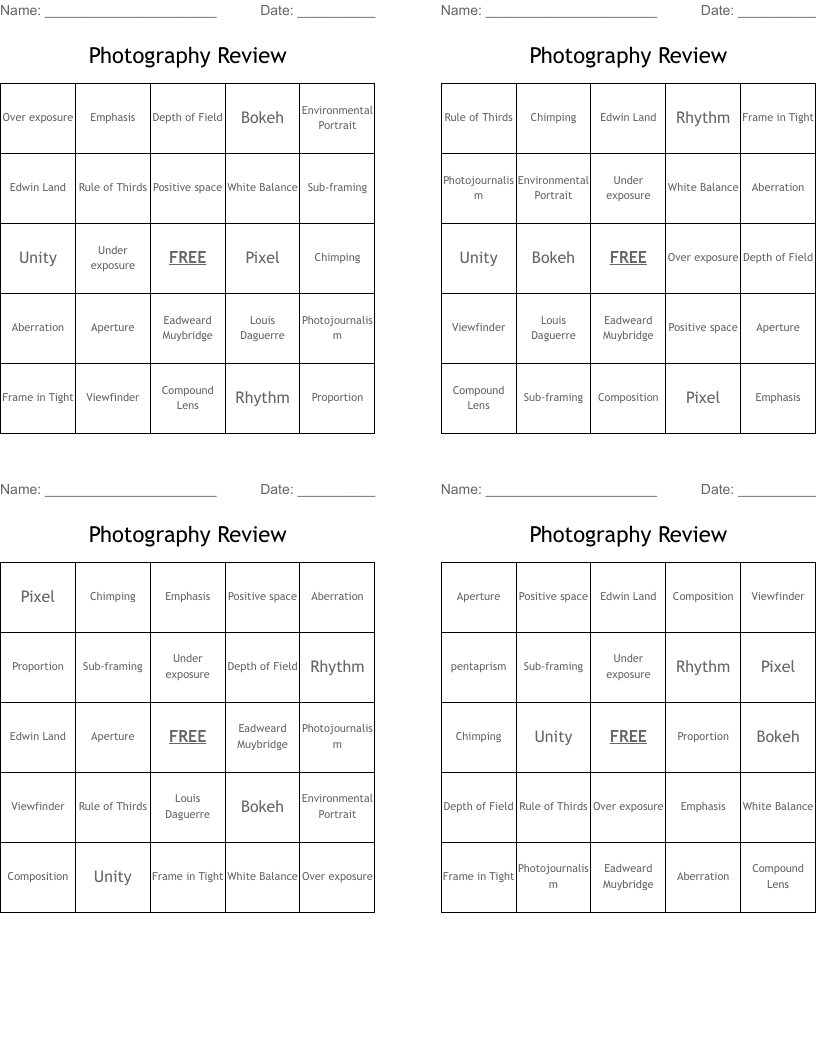 Photography Review  Bingo Cards