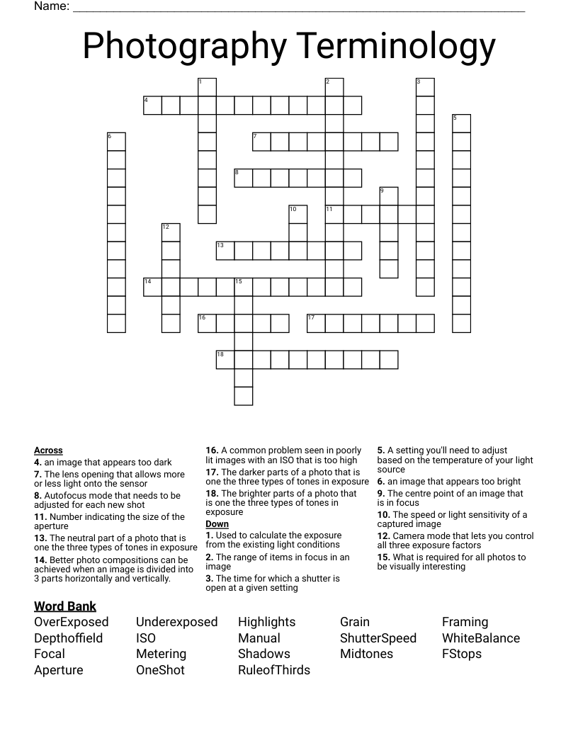 Photography Terminology Crossword