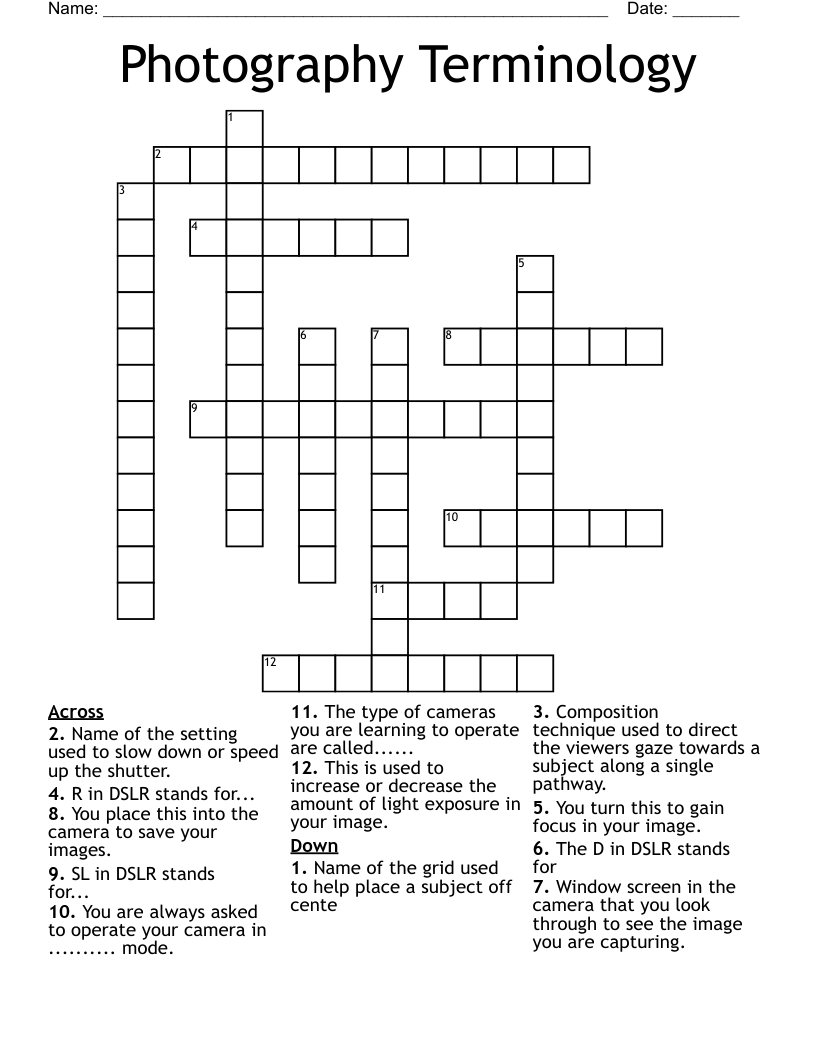 Photography Terminology  Crossword
