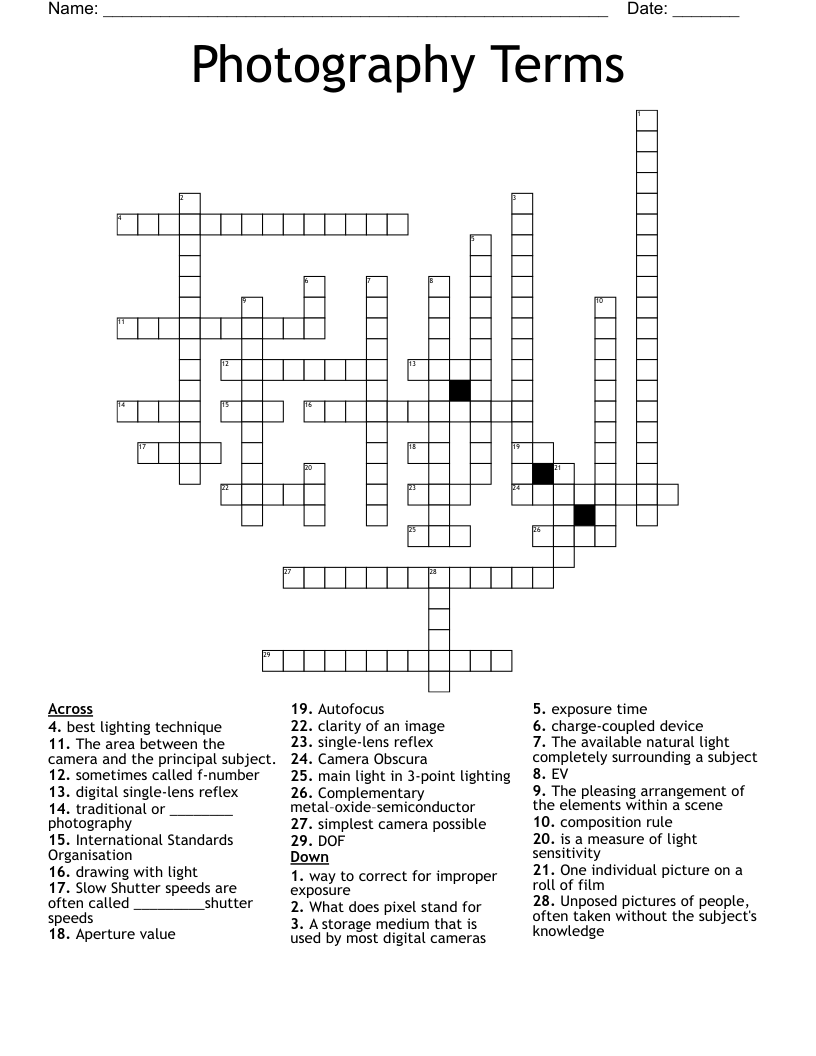 Photography Terms Crossword