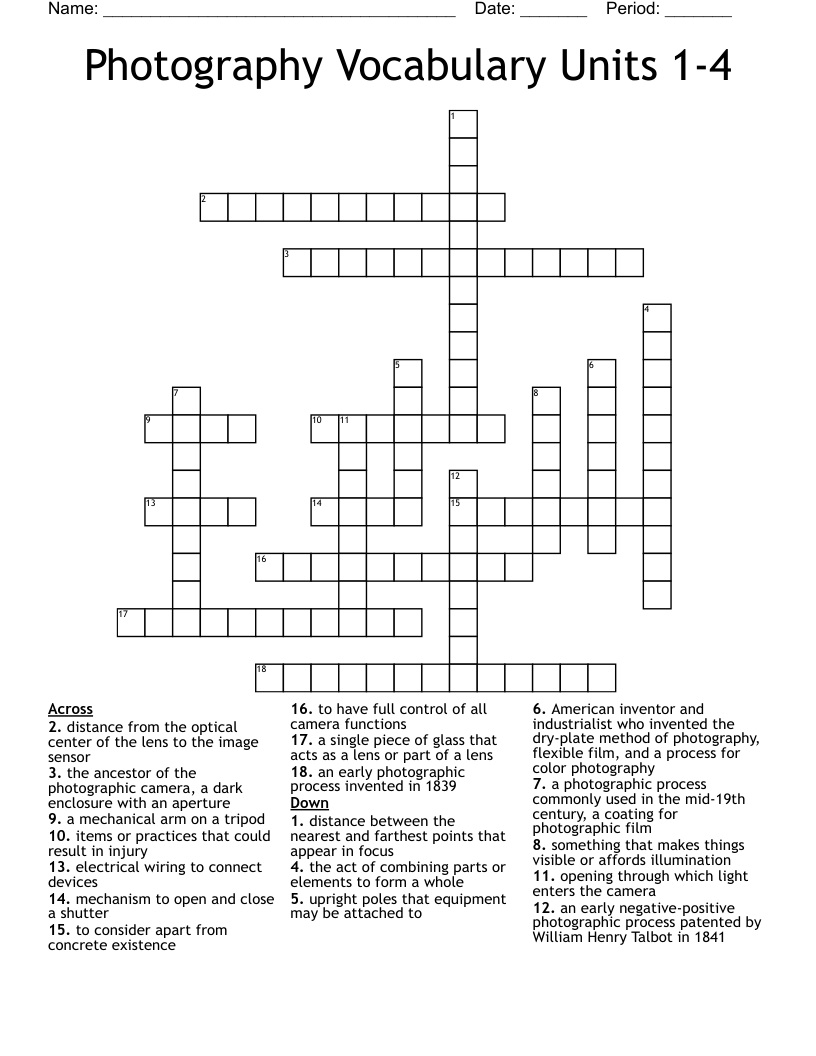 Photography Vocabulary Units 1-4 Crossword