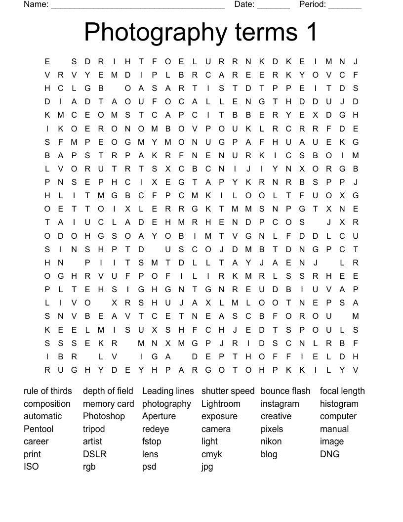 Photography terms 1 Word Search