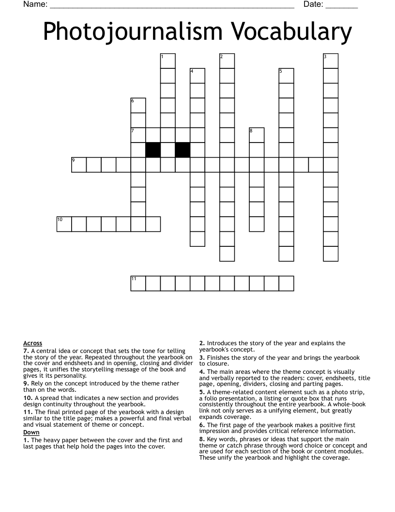 Photojournalism Vocabulary Crossword