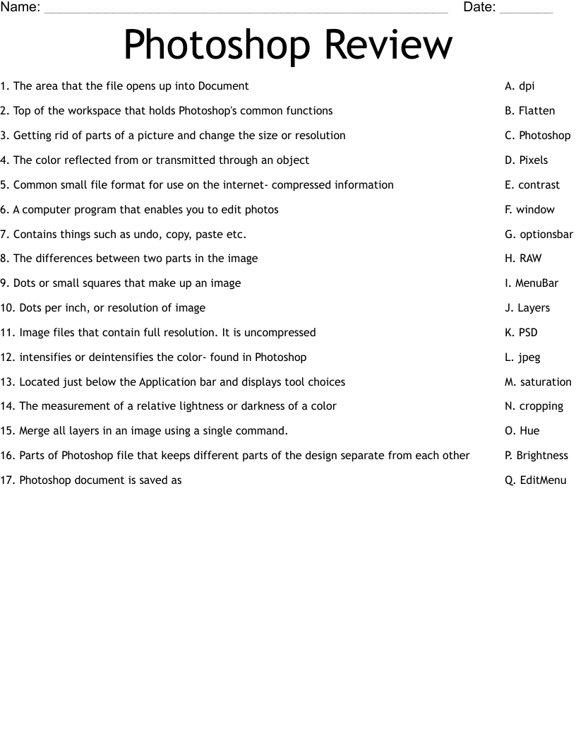 Photoshop Review Worksheet