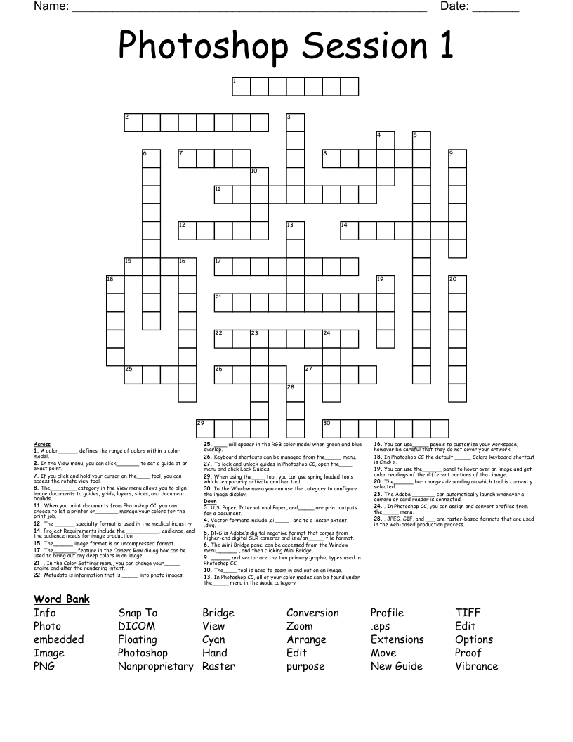 Photoshop Session 1 Crossword