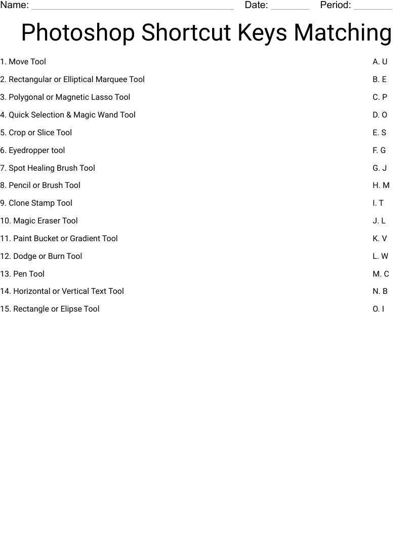 Photoshop Shortcut Keys Matching Worksheet