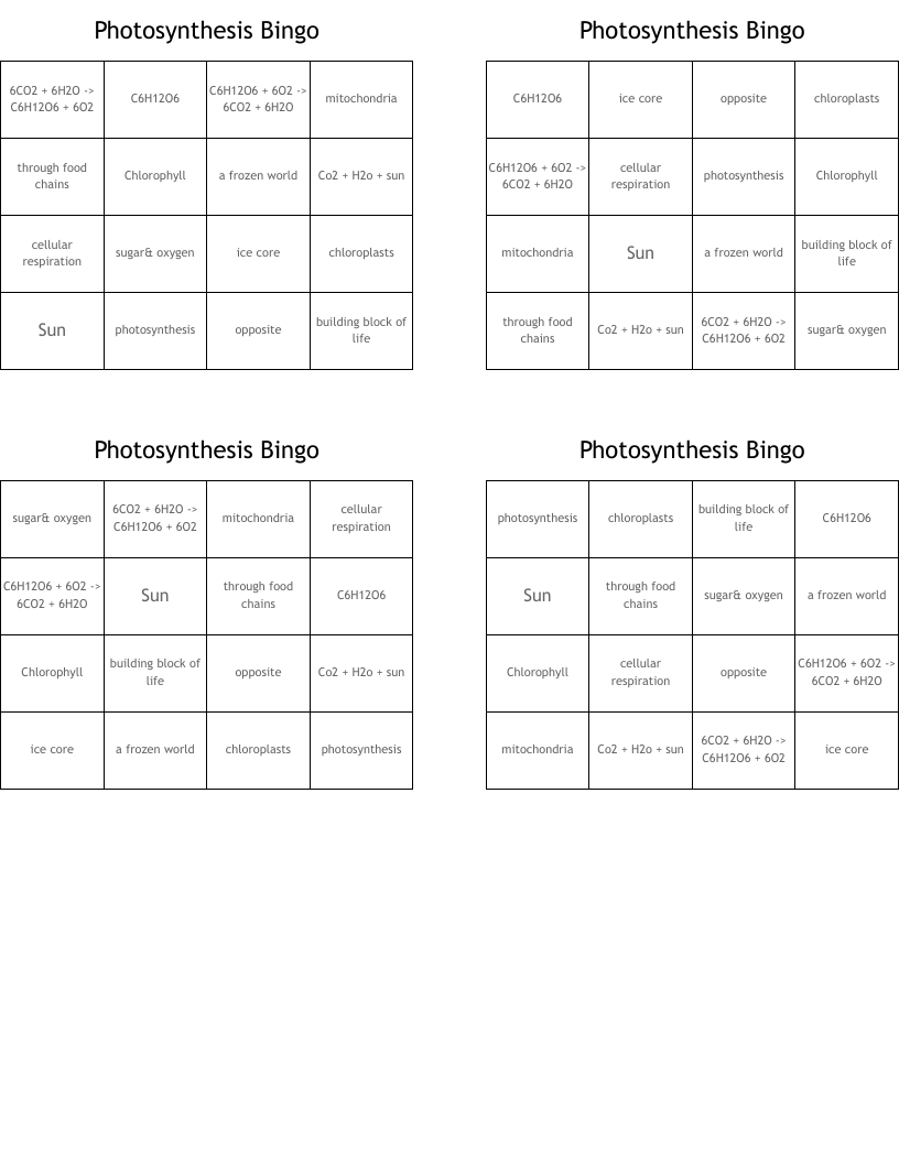 Photosynthesis Bingo