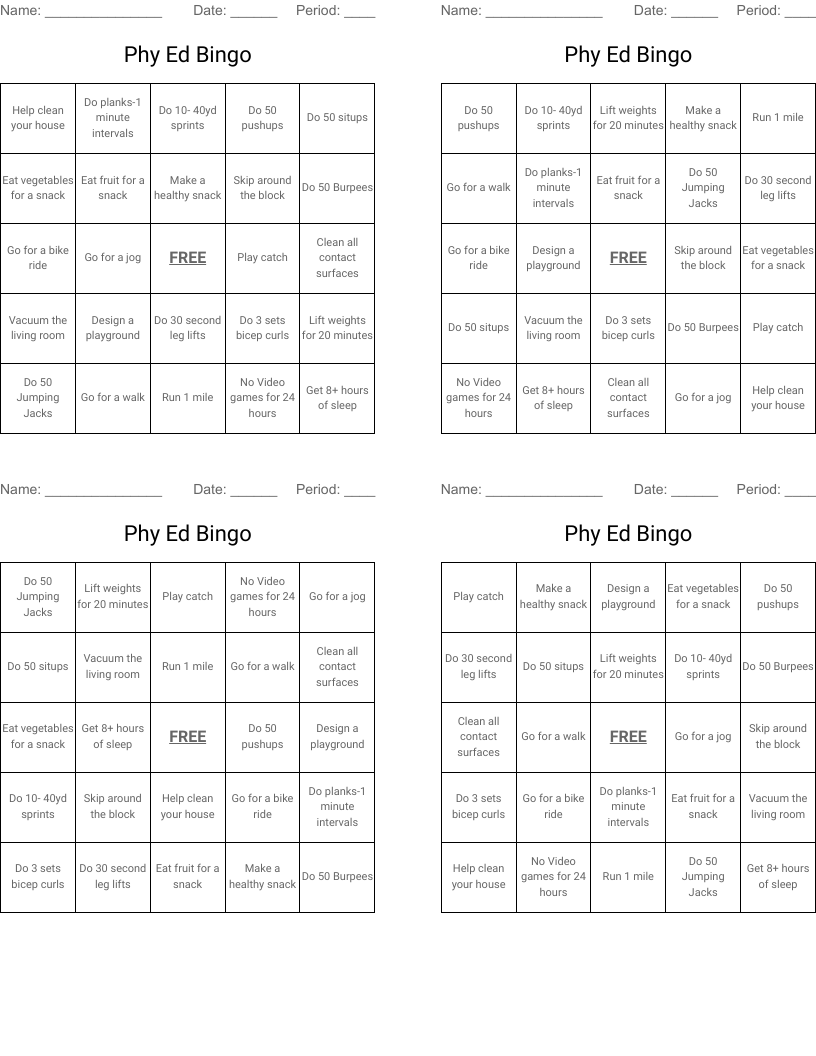 Phy Ed Bingo