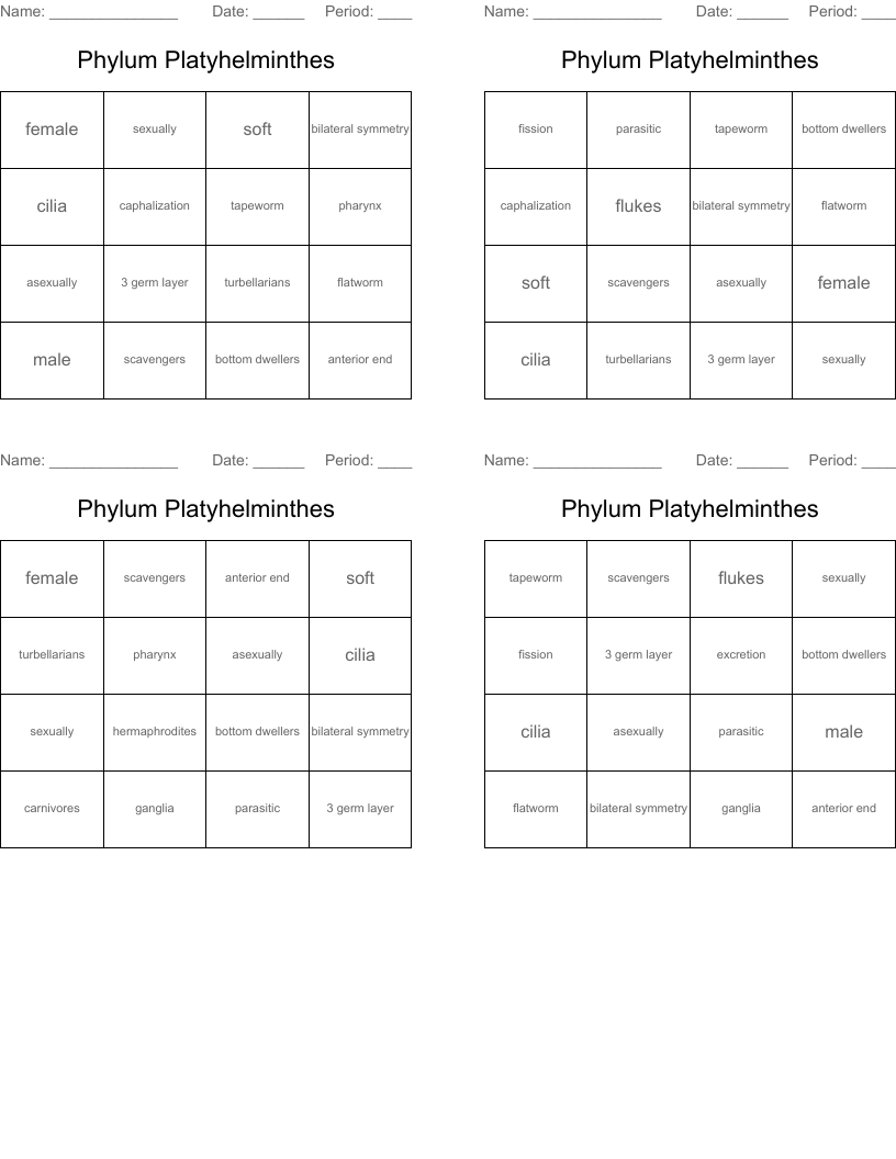 Phylum Platyhelminthes Bingo Cards